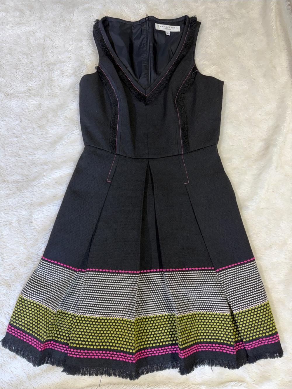 Trina Turk Black Fit-and-Flare Mini Dress with Pink and Olive Border